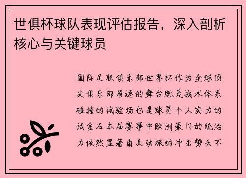 世俱杯球队表现评估报告，深入剖析核心与关键球员